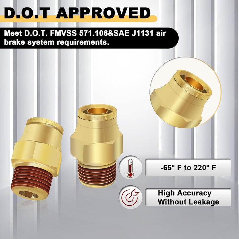 Siptenk 1/2" DOT Brass Push to Connect Air Line Fittings 5 PCS, 1/2" OD Tube x 3/8" NPT Thread Air Brake Line Quick Connect Fittings for Truck Trailers Industry Air System - Image 4
